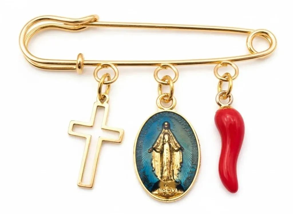 Broche E Breve avec Vierge bleue, piment rouge et croix dorée